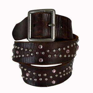 American Eagle Rhinestone Studded Belt XL Brown Leather Silver Pink Accents